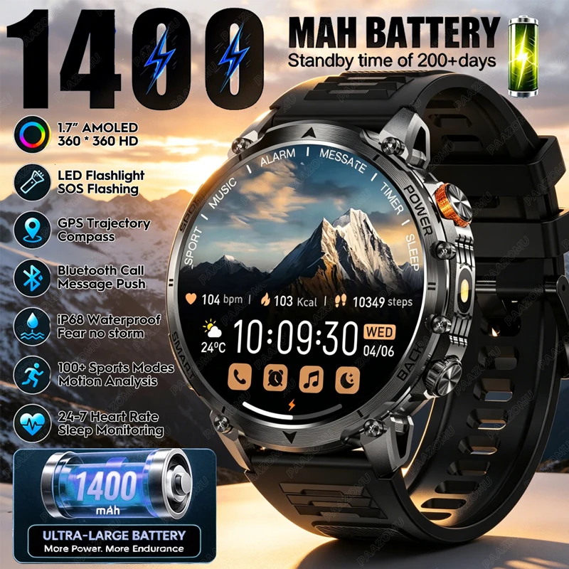 Gym Floor Mats - Wytrzymały smartwatch męski 2026, bateria 1400mAh,